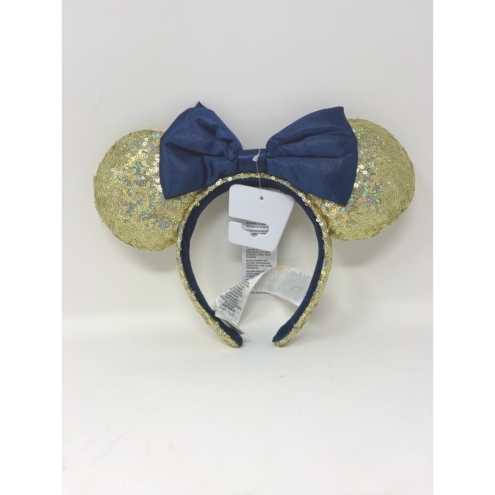 Disney Parks Minnie Mouse Gold Sequin Navy Blue Bow Ear Headband One Size